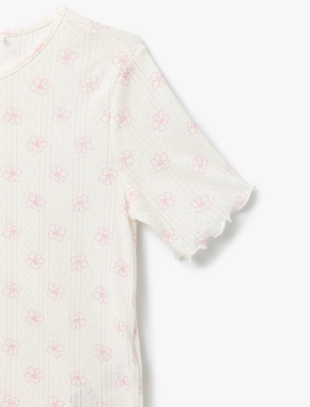 Çiçek Desenli Pamuklu Kısa Kollu Bisiklet Yaka Şortlu Pijama Takımı_4