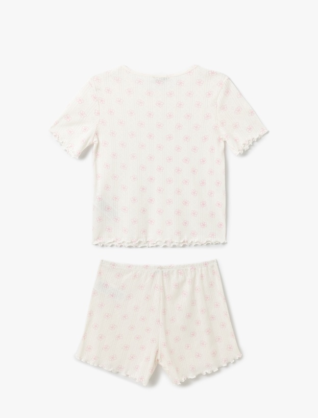 Çiçek Desenli Pamuklu Kısa Kollu Bisiklet Yaka Şortlu Pijama Takımı_3