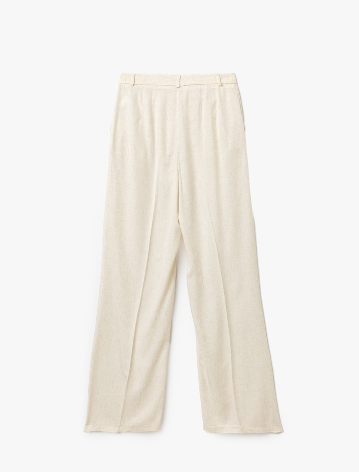  Viskon Keten Karışımlı Cepli Geniş Paça Pileli Kadın Pantolon