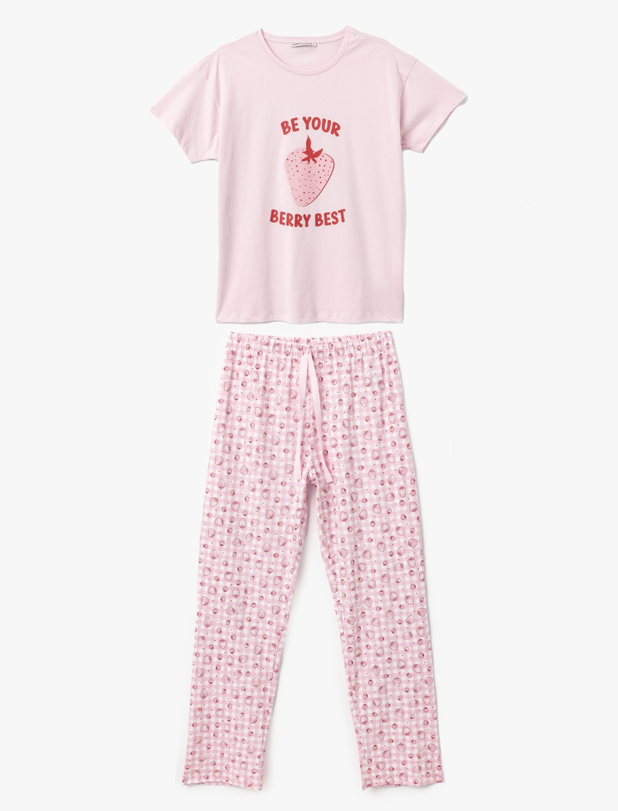   Çilek Baskılı Kısa Kollu Pamuklu Pijama Takımı