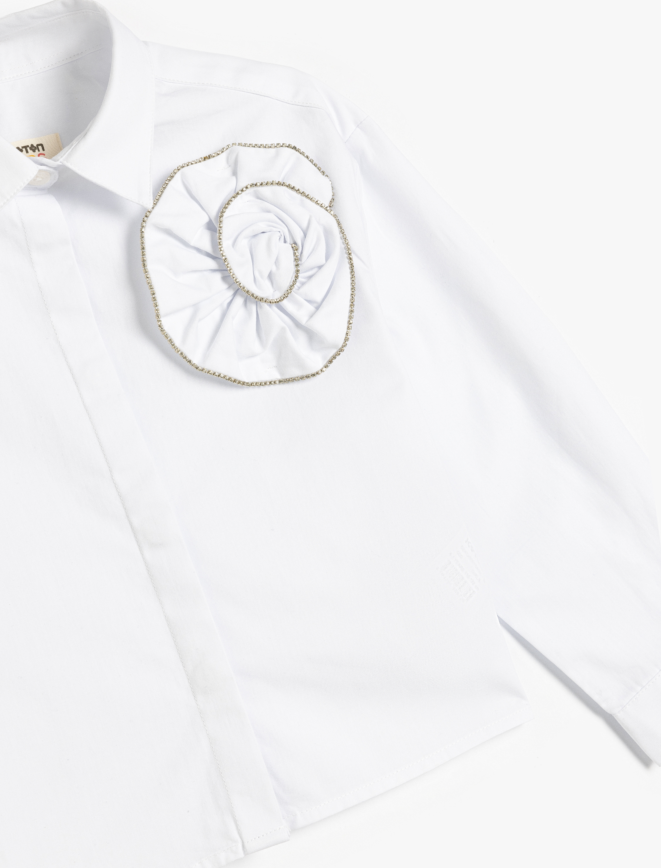  Kız Çocuk Çiçek Aplikeli Uzun Kollu Pamuklu Crop Gömlek