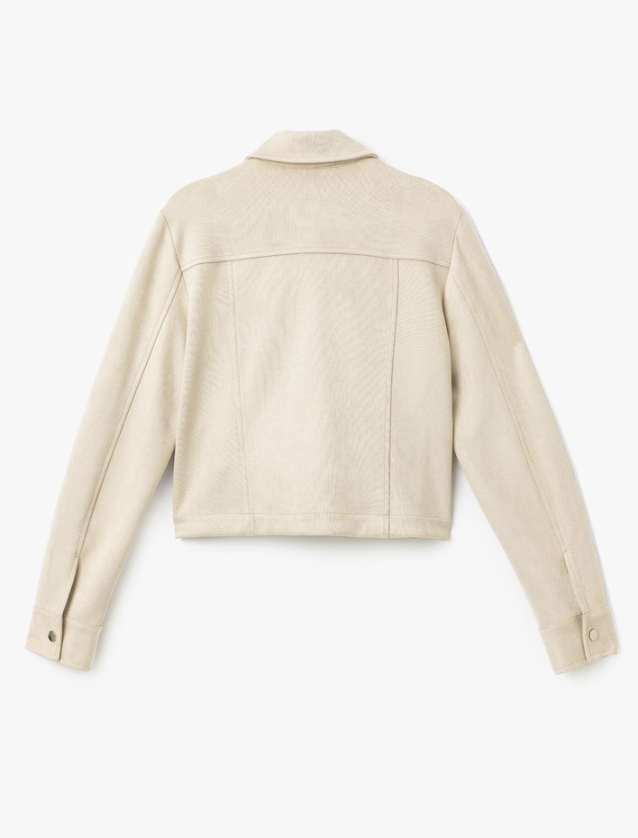  Kapaklı Cep Detaylı Düğmeli Suni Süet Crop Kadın Ceket