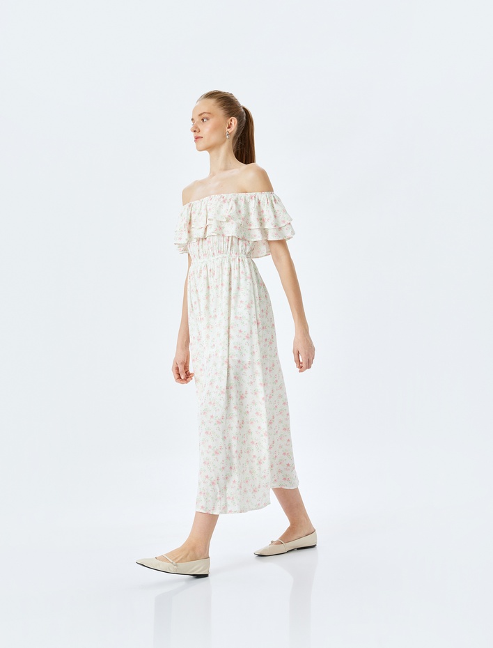  Madonna Yaka Omzu Açık Gipeli Çiçekli Fırfırlı Uzun Viskon Elbise