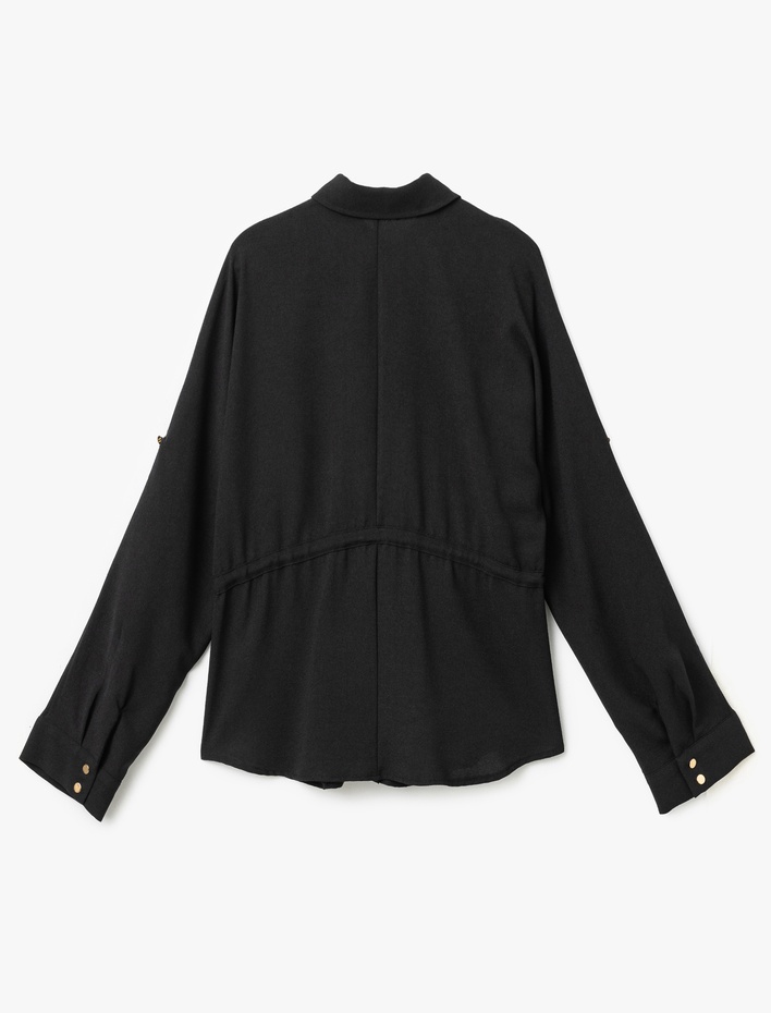  Uzun Kollu Beli Bağcıklı Cep Detaylı Gömlek Ceket