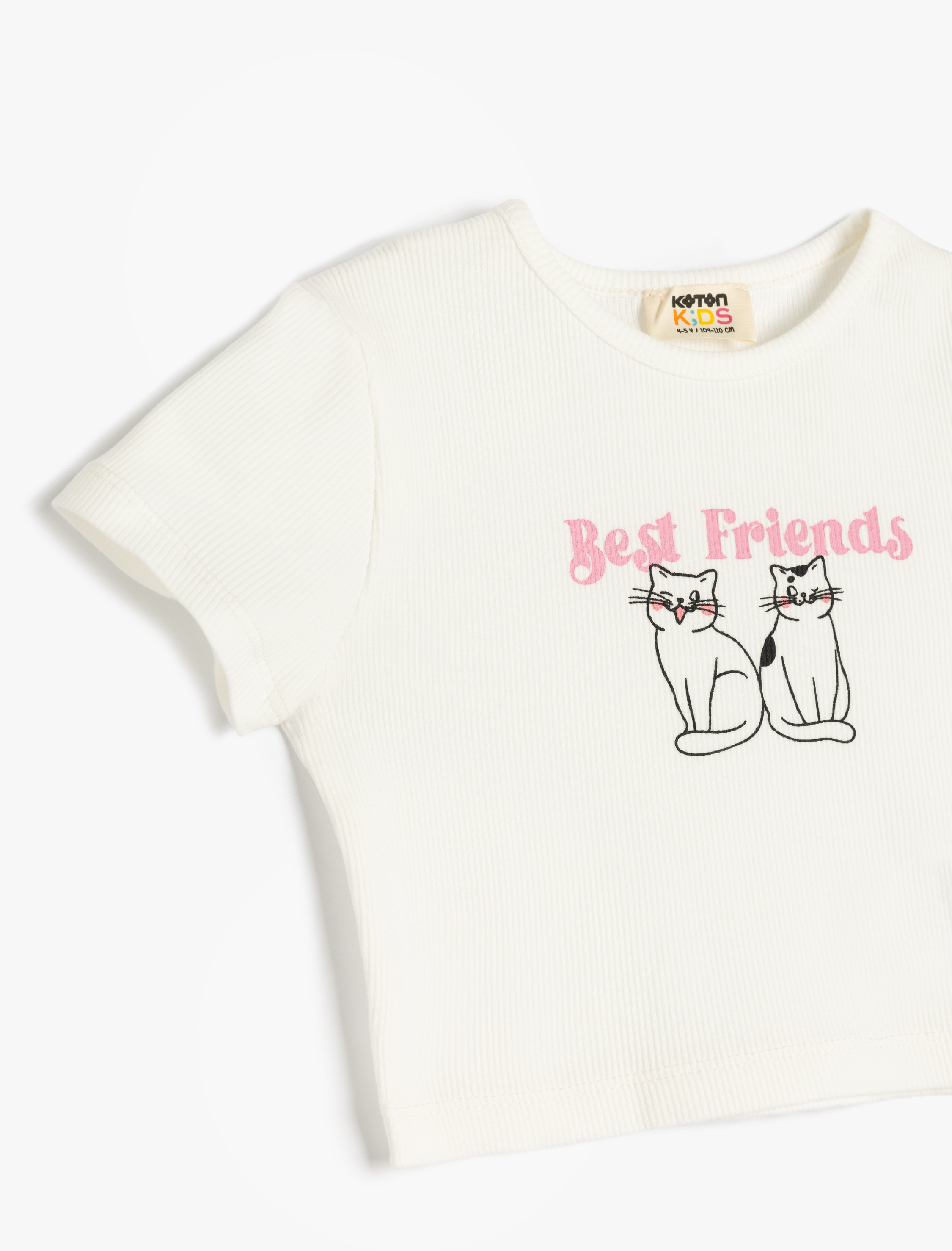  Kız Çocuk Kedi Baskılı Bisiklet Yaka Kısa Kollu Pamuklu Crop Tişört