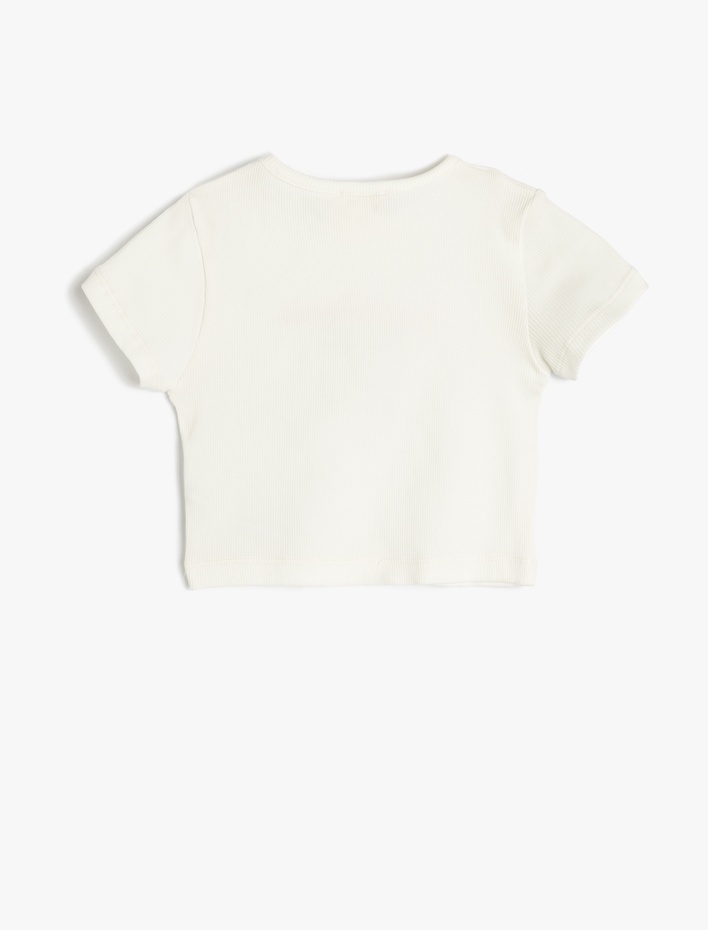 Kız Çocuk Kedi Baskılı Bisiklet Yaka Kısa Kollu Pamuklu Crop Tişört