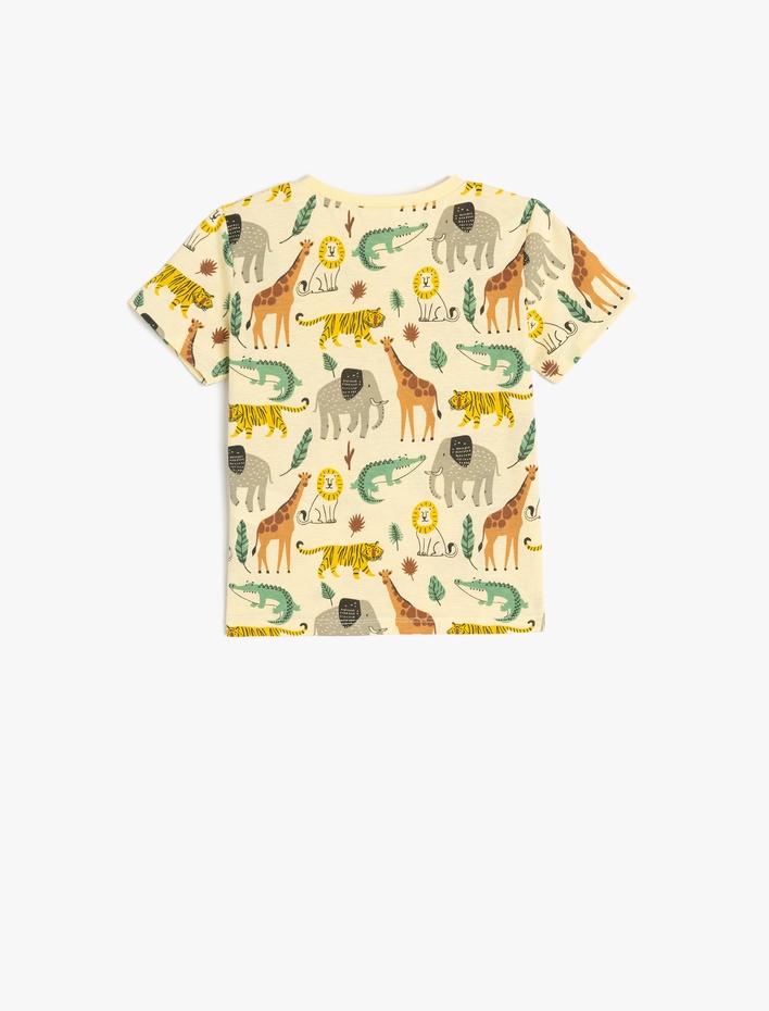 Erkek Bebek Bisiklet Yaka Kısa Kollu Hayvanlar Baskılı Pamuklu Tişört
