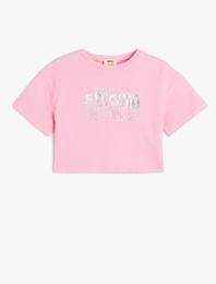 Slogan Baskılı Bisiklet Yaka Kısa Kollu Pamuklu Crop Tişört