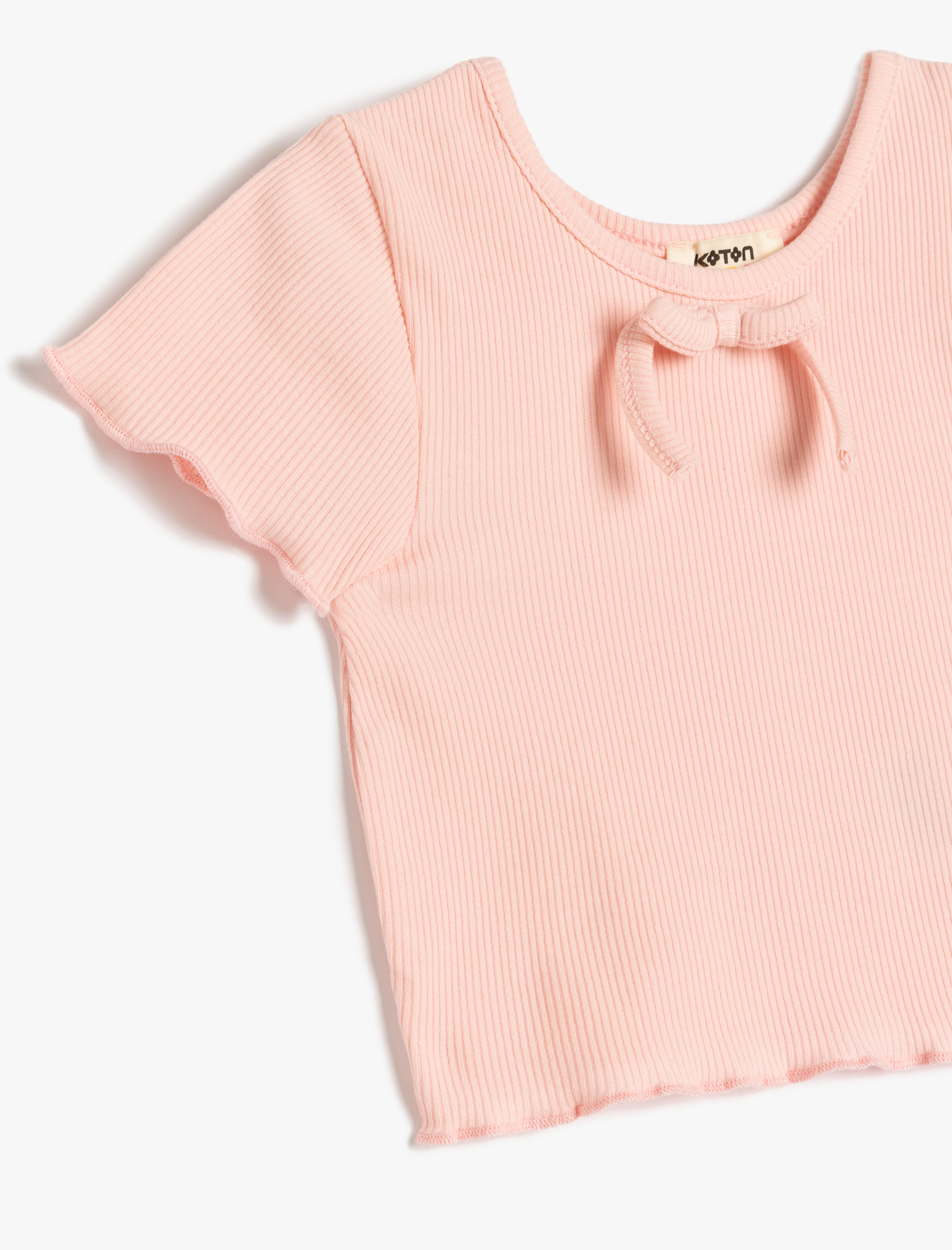  Kız Çocuk Fiyonk Detaylı Kısa Kollu Bisiklet Yaka Pamuklu Crop Tişört