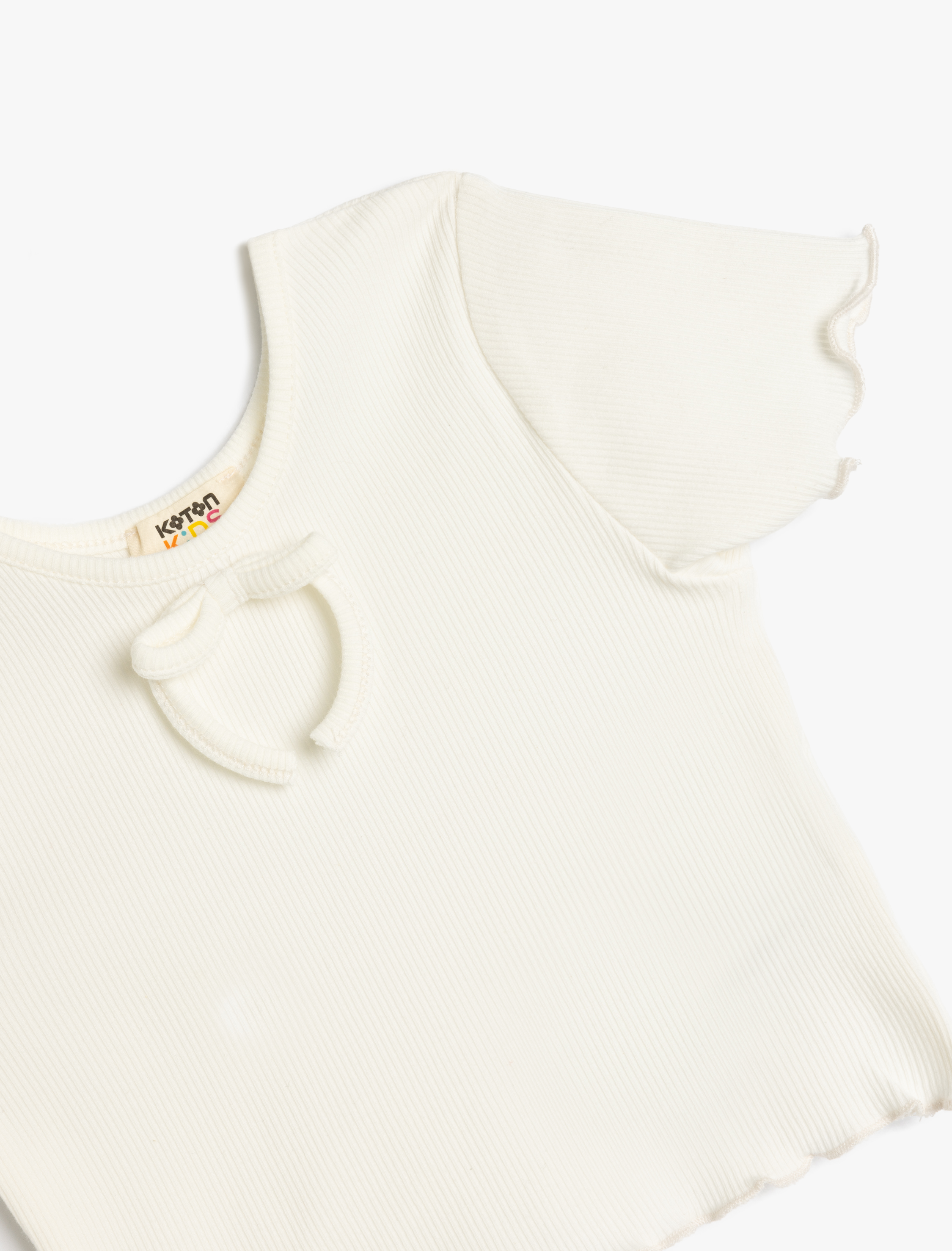  Kız Çocuk Fiyonk Detaylı Kısa Kollu Bisiklet Yaka Pamuklu Crop Tişört