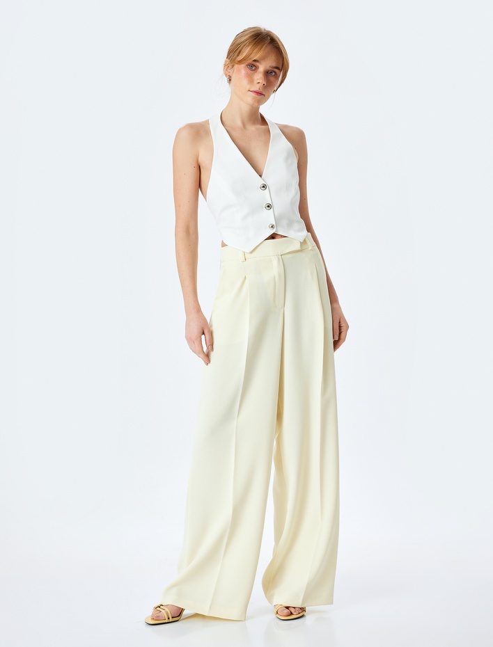  Krep Kumaş Cepli Yüksek Bel Palazzo Pantolon