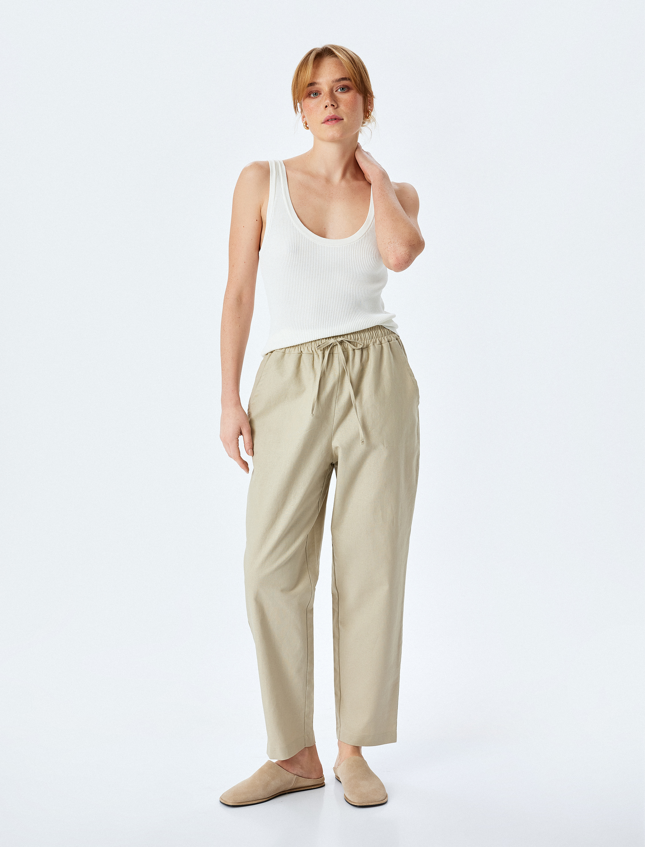   Cepli Beli Bağcıklı Havuç Kesim Keten Pantolon