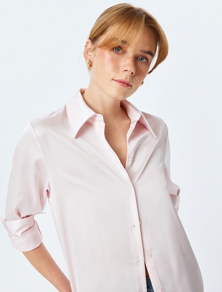  Düğmeli Uzun Kollu Klasik Yaka Saten Gömlek