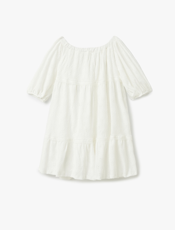  Yarım Balon Kollu Omuzu Açık Mini Fistolu Elbise