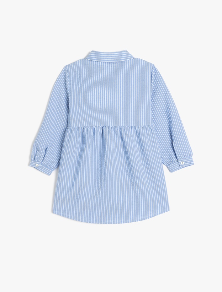 Kız Bebek Gömlek Yaka Uzun Kollu Nakış Detaylı Çizgili Elbise