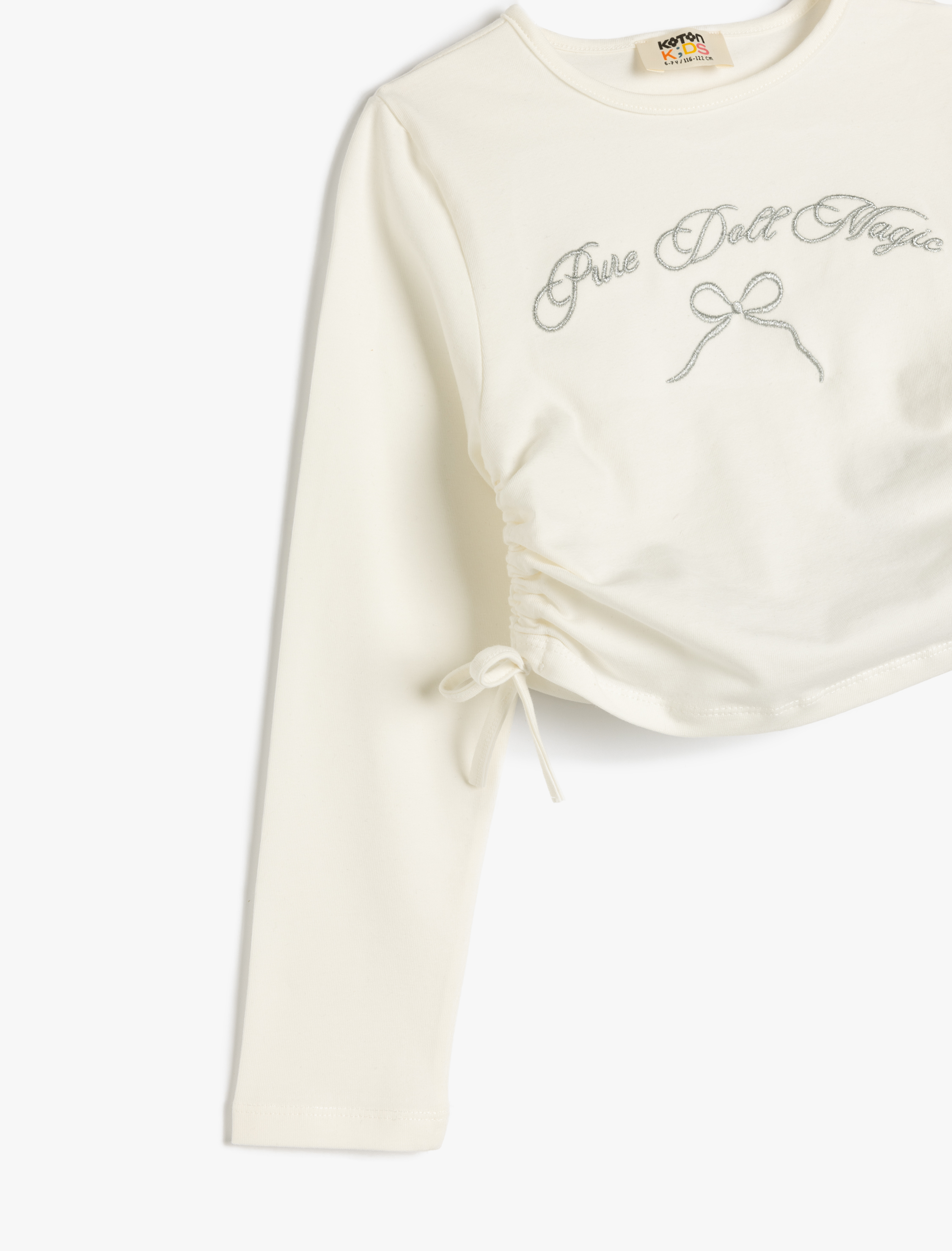  Kız Çocuk Bisiklet Yaka Uzun Kollu Nakış Detaylı Pamuklu Crop Tişört