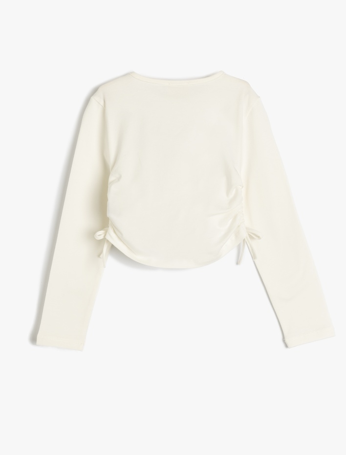 Kız Çocuk Bisiklet Yaka Uzun Kollu Nakış Detaylı Pamuklu Crop Tişört