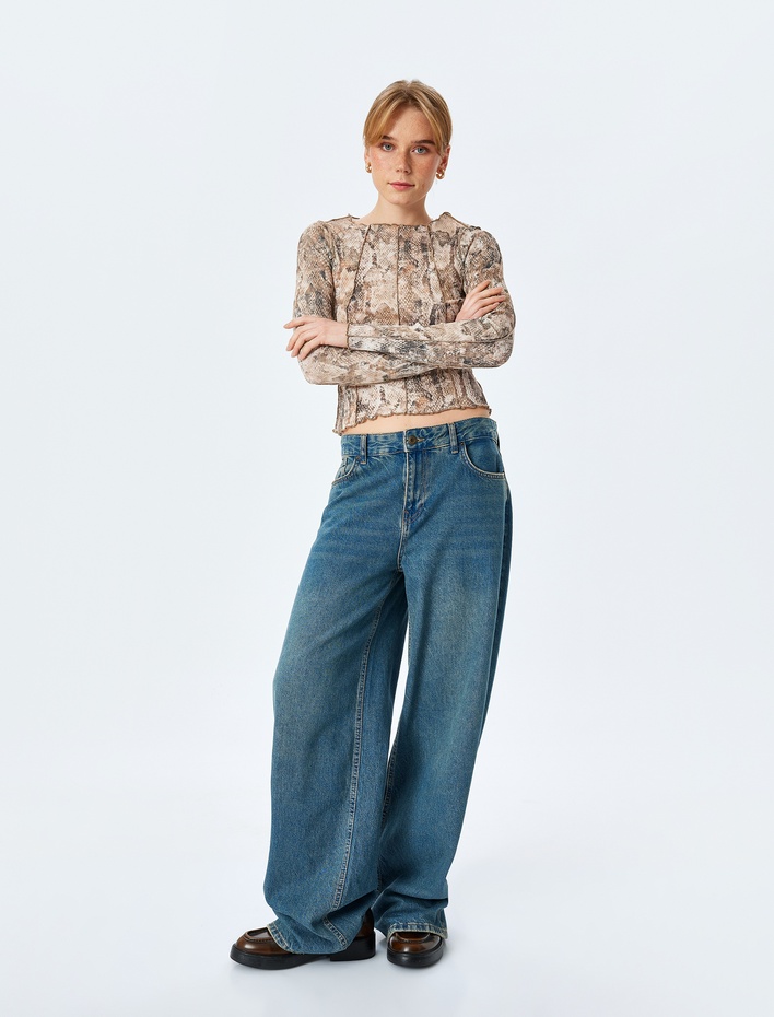  Yılan Derisi Baskılı Uzun Kollu Bisiklet Yaka Tişört