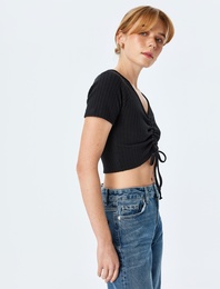 Büzgülü Slim Fit V Yaka Kısa Kollu Crop Tişört