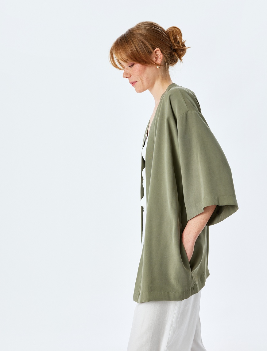   Gizli Cepli Viskon 3/4 Kol Oversize Kimono