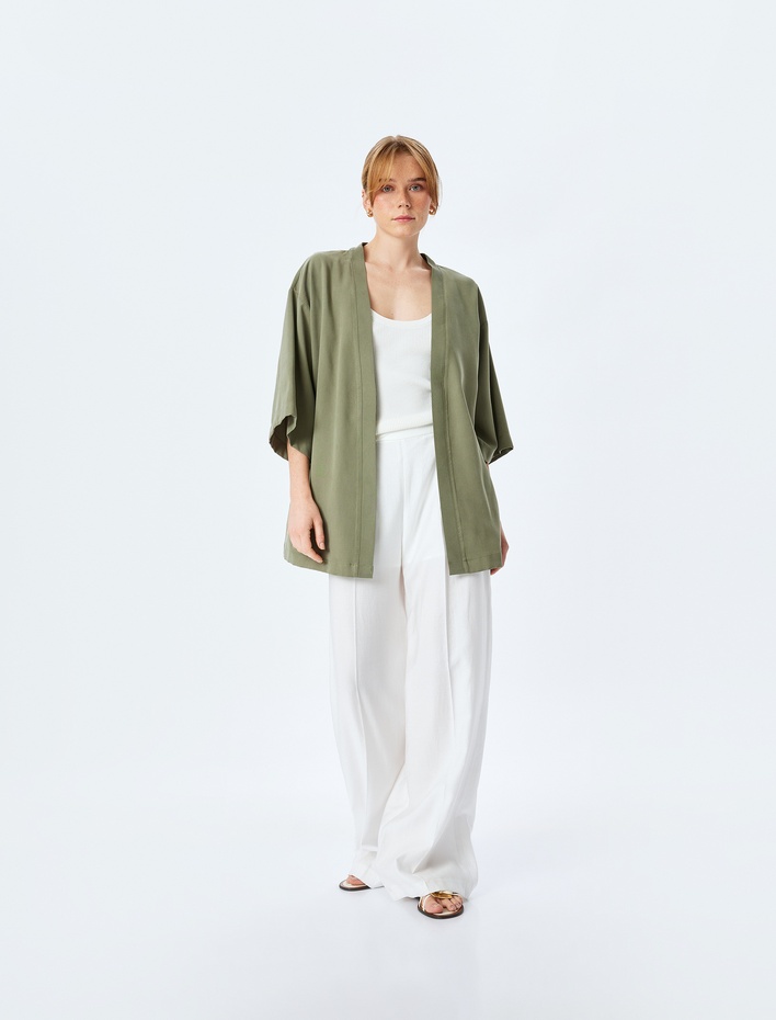  Gizli Cepli Viskon 3/4 Kol Oversize Kimono
