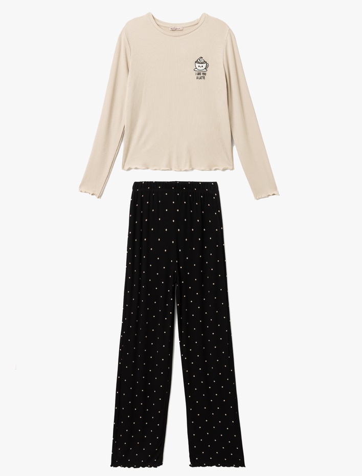  Baskı Detaylı Viskon Uzun Kollu Pijama Takımı
