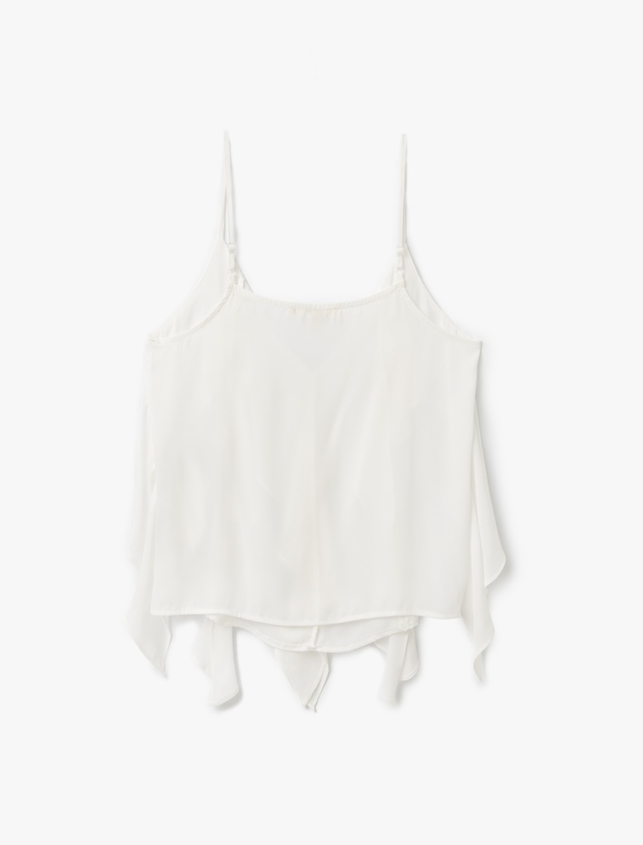  Krep Kumaş V Yaka İnce Askılı Fırfırlı Bluz