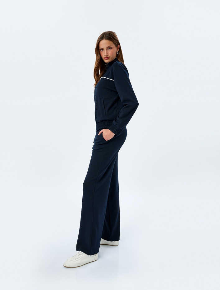  Viskon Karışımlı Çift Bel Detaylı Yan Cepli Bol Düz Paça Eşofman Altı