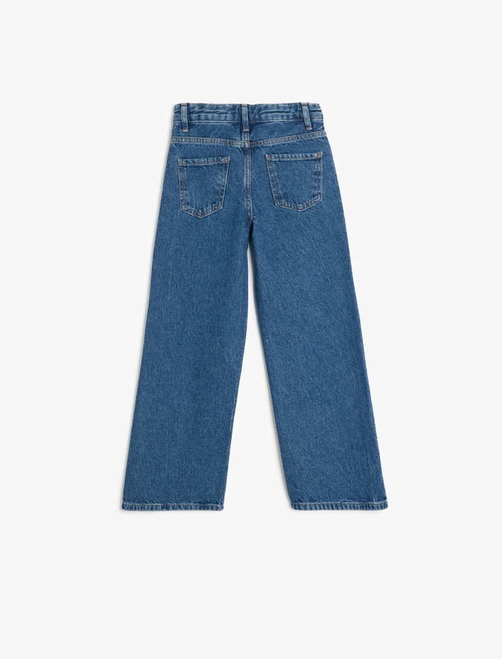 Kız Çocuk Pamuklu Cep Detaylı Geniş Paça Denim Pantolon