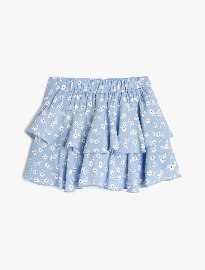 Kız Çocuk Çiçek Desenli Kat Detaylı Viskon Şort Etek