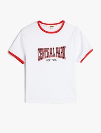 Pamuklu Bisiklet Yaka Kısa Kollu Baskılı Tişört