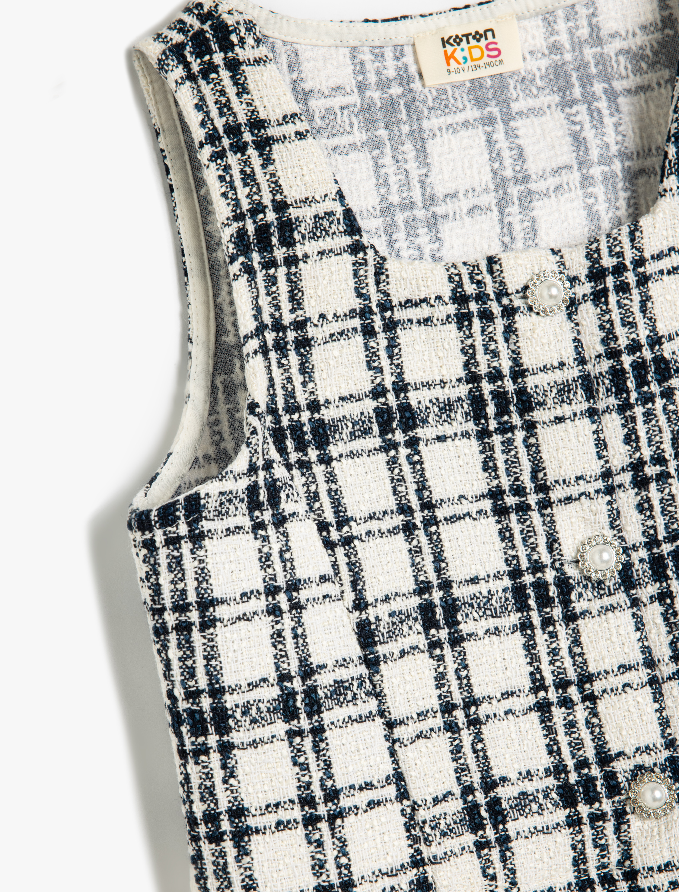  Kız Çocuk Kare Yaka Düğme Detaylı Ekoseli Crop Tüvit Yelek