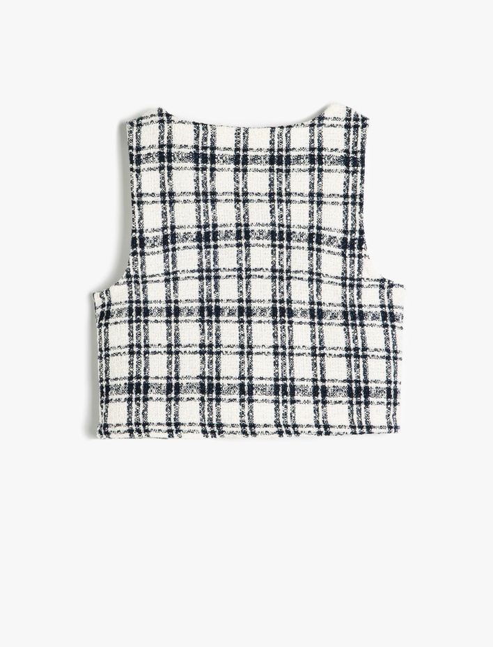 Kız Çocuk Kare Yaka Düğme Detaylı Ekoseli Crop Tüvit Yelek