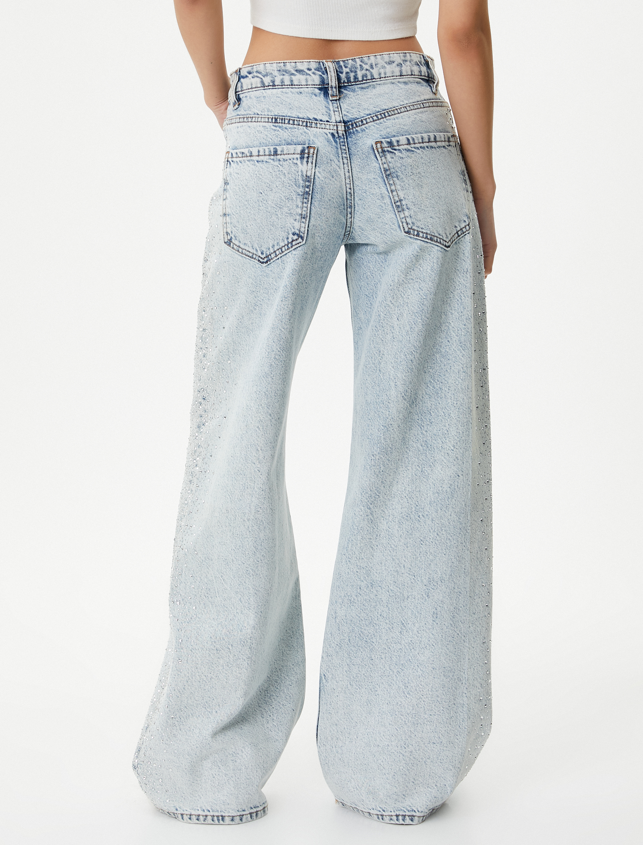   Geniş Paça Taşlı Kot Pantolon Cepli Pamuklu - Bianca Jean