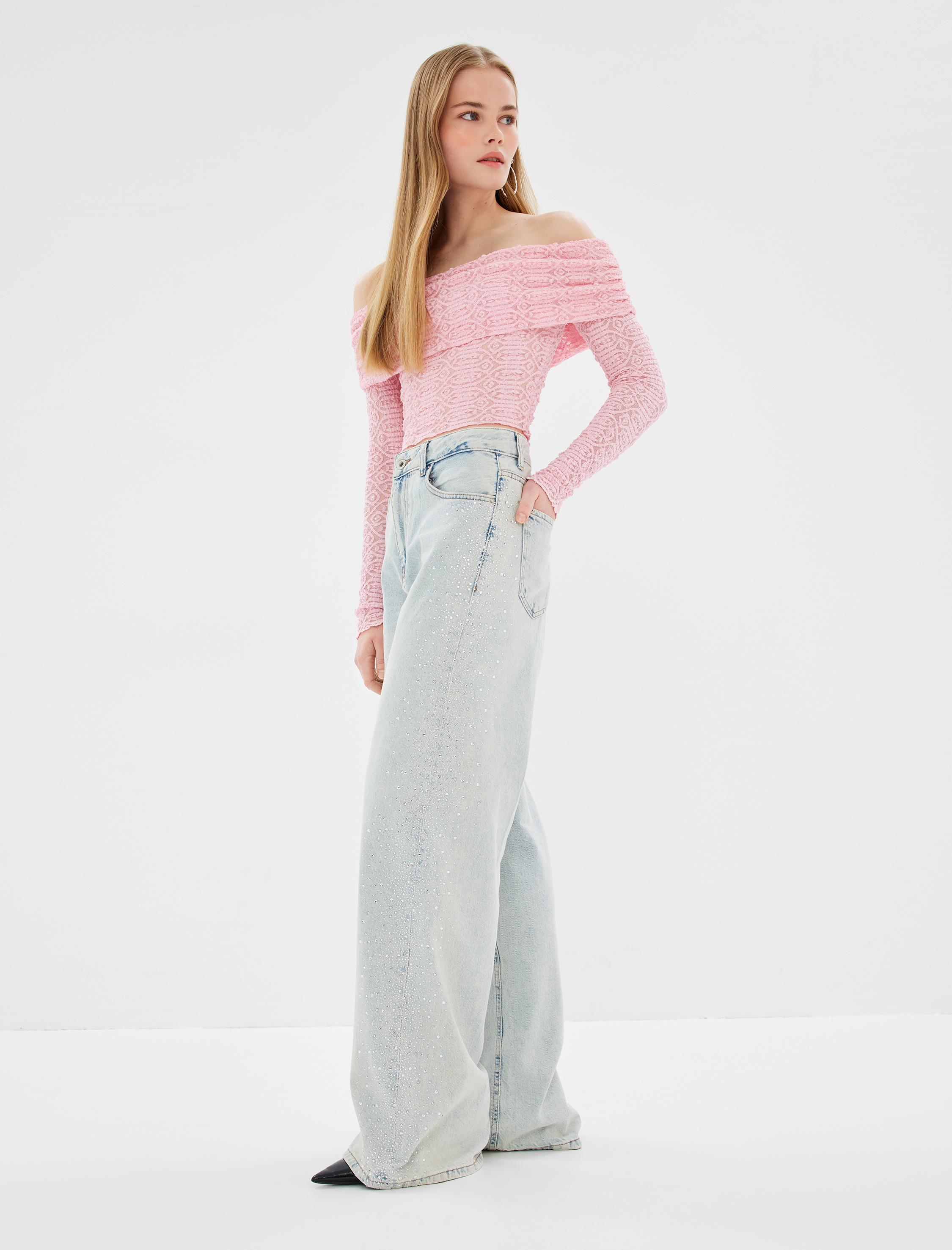   Geniş Paça Taşlı Kot Pantolon Cepli Pamuklu - Bianca Jean