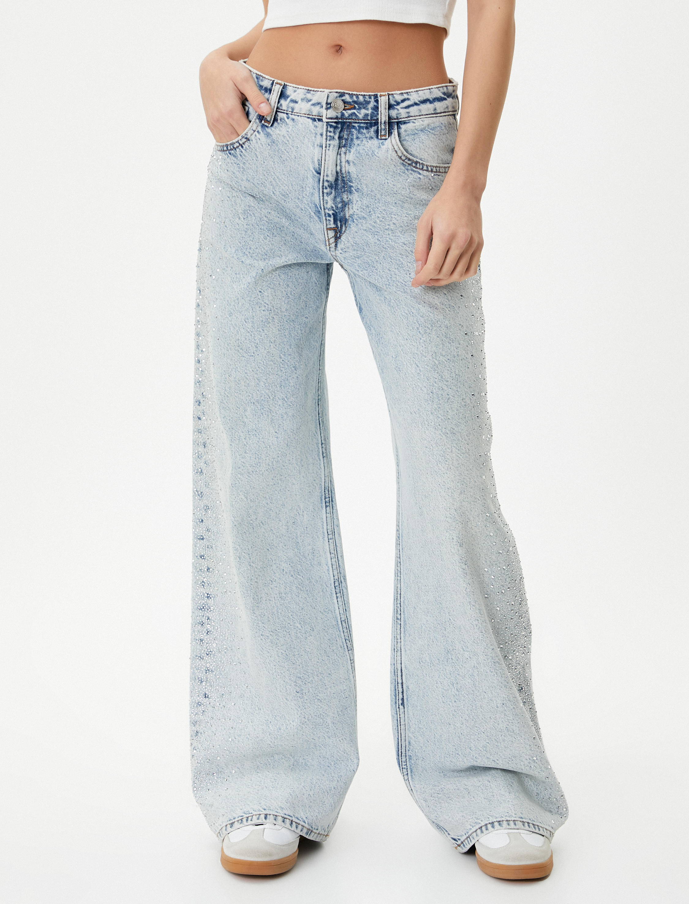   Geniş Paça Taşlı Kot Pantolon Cepli Pamuklu - Bianca Jean