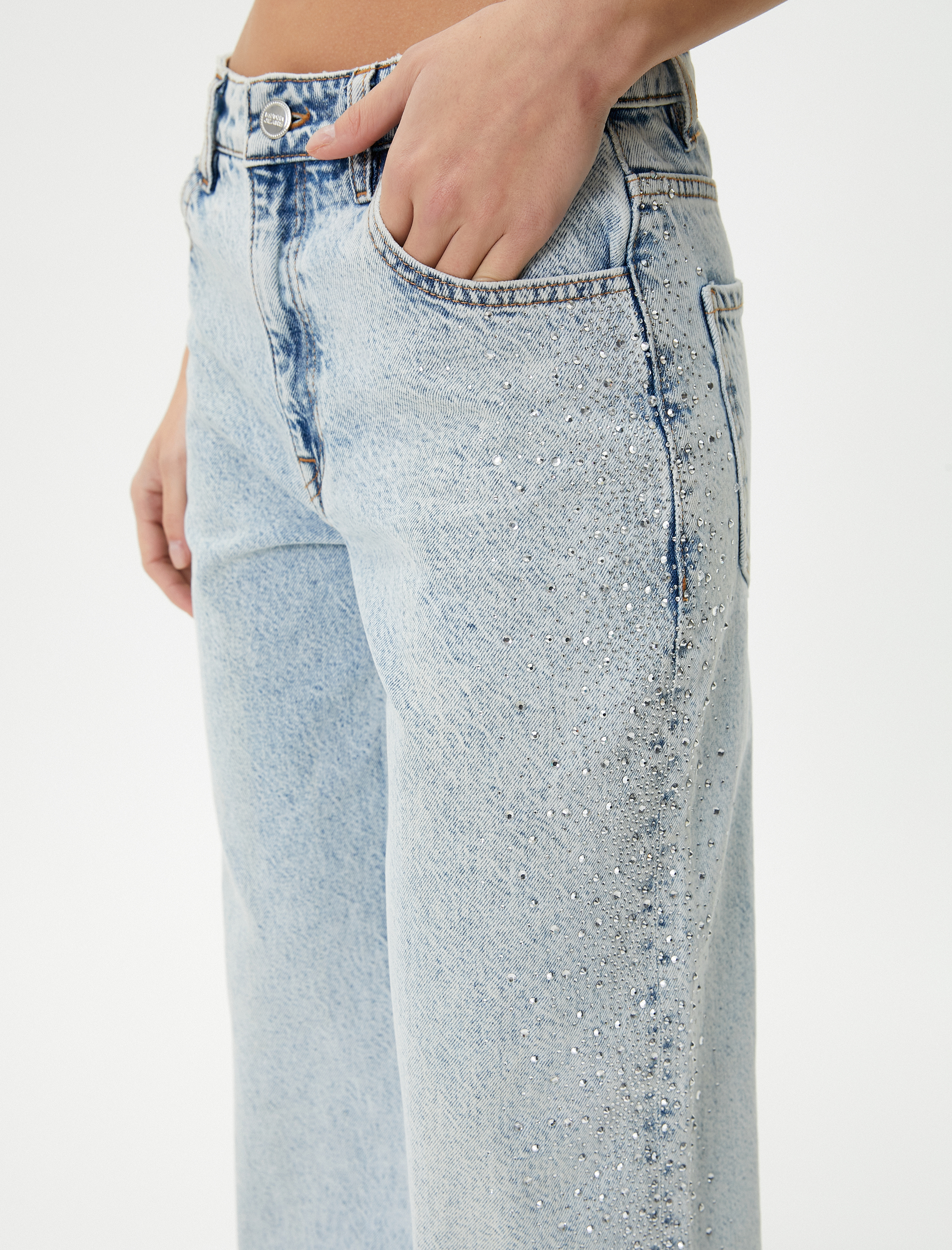   Geniş Paça Taşlı Kot Pantolon Cepli Pamuklu - Bianca Jean