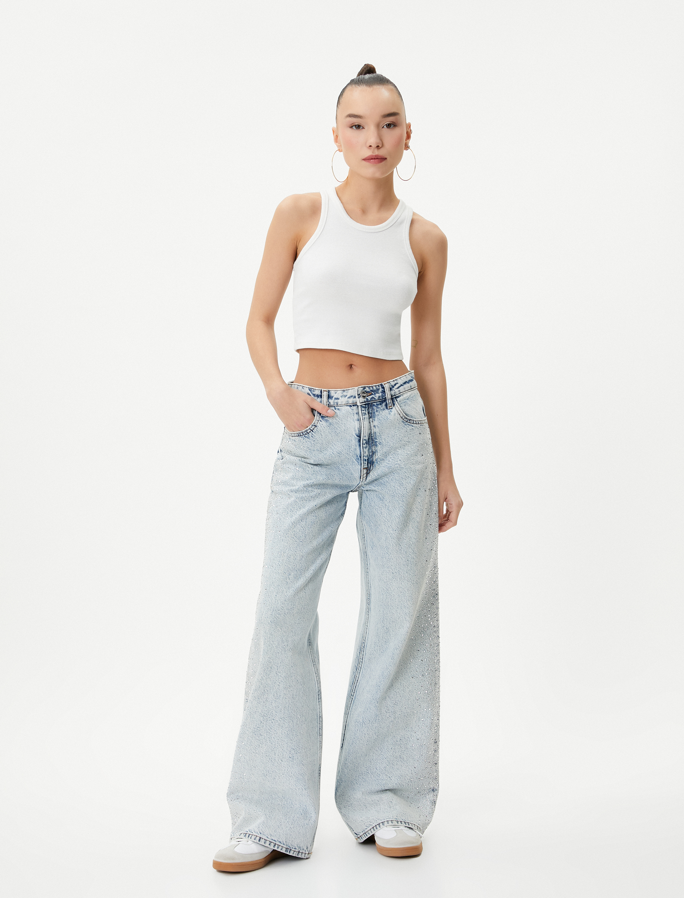   Geniş Paça Taşlı Kot Pantolon Cepli Pamuklu - Bianca Jean