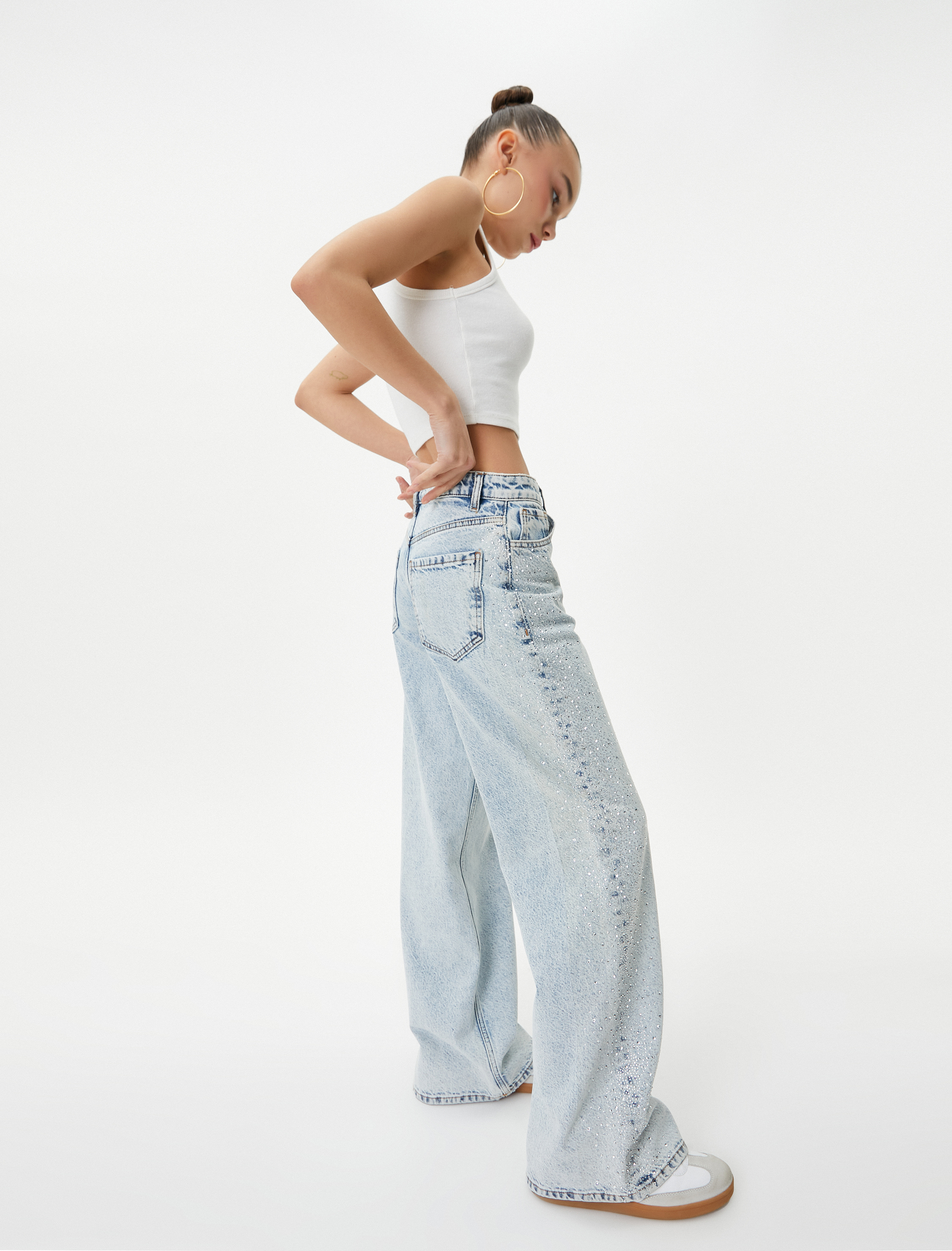   Geniş Paça Taşlı Kot Pantolon Cepli Pamuklu - Bianca Jean