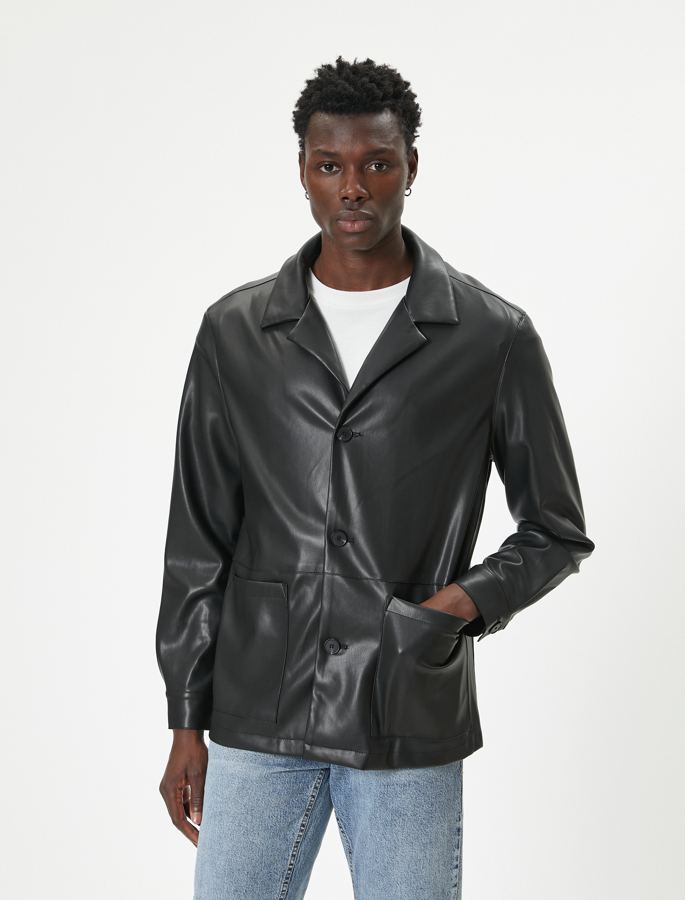   Suni Deri Ceket Slim Fit Kruvaze Yaka Cep Detaylı Düğmeli