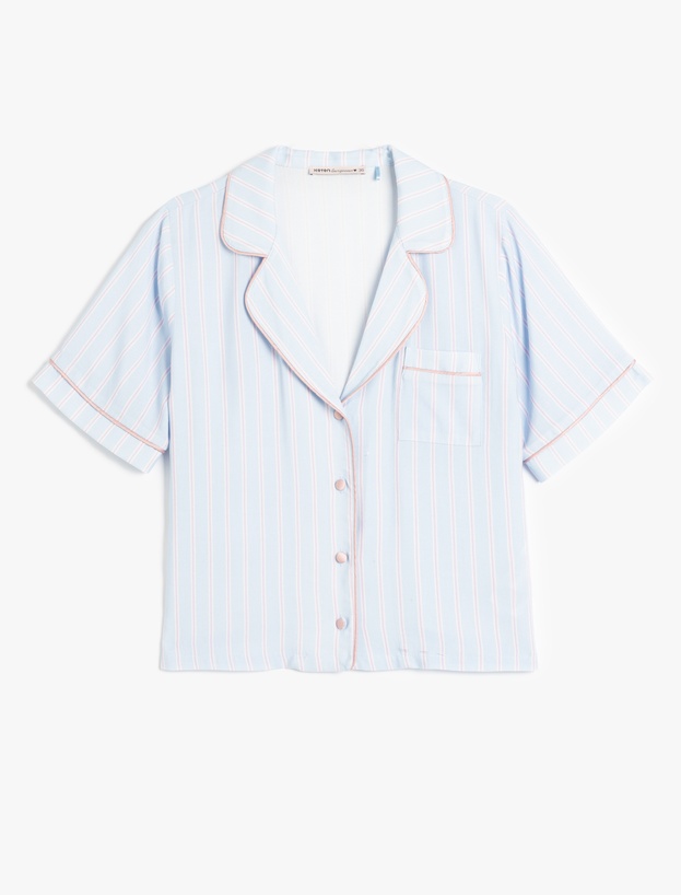 Viskon Kısa Kollu Düğmeli Gömlek Yaka Pijama Üstü_2