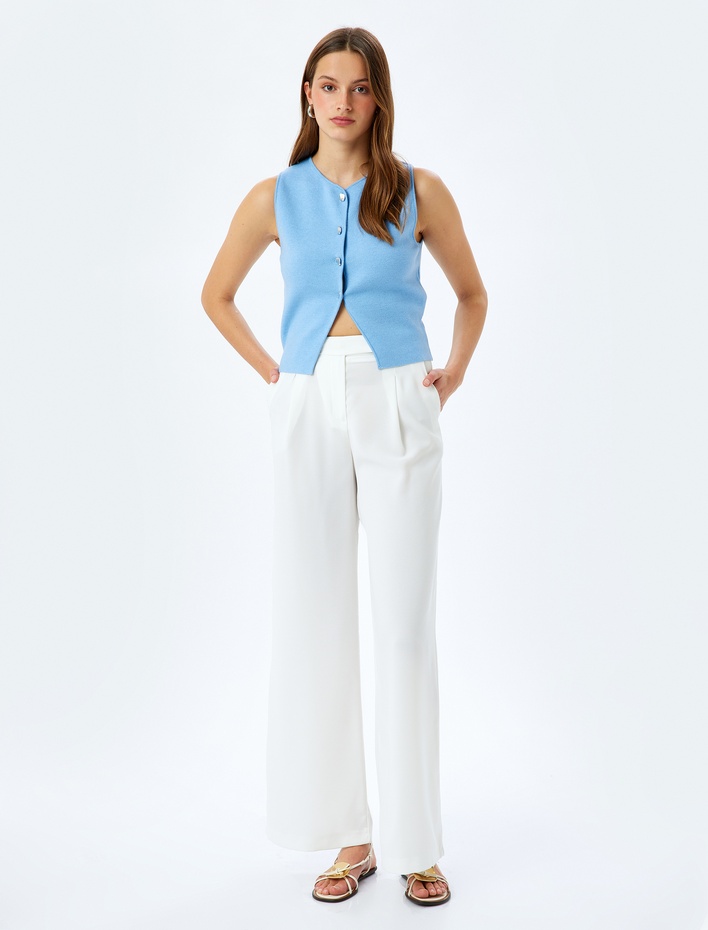  Düğmeli Kolsuz Bisiklet Yaka Triko Yelek