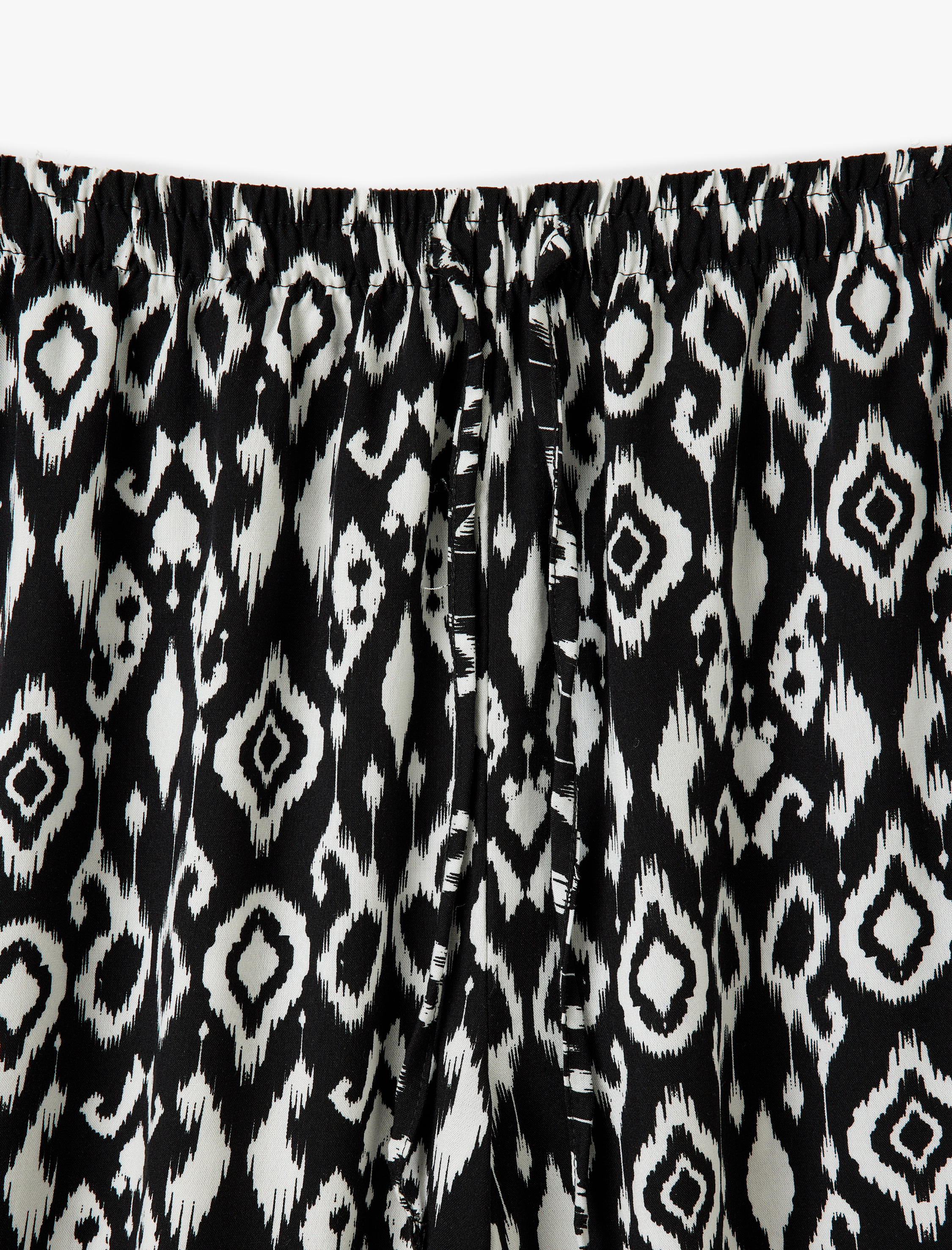   Etnik Desenli Beli Bağcıklı Viskon Geniş Paça Pantolon