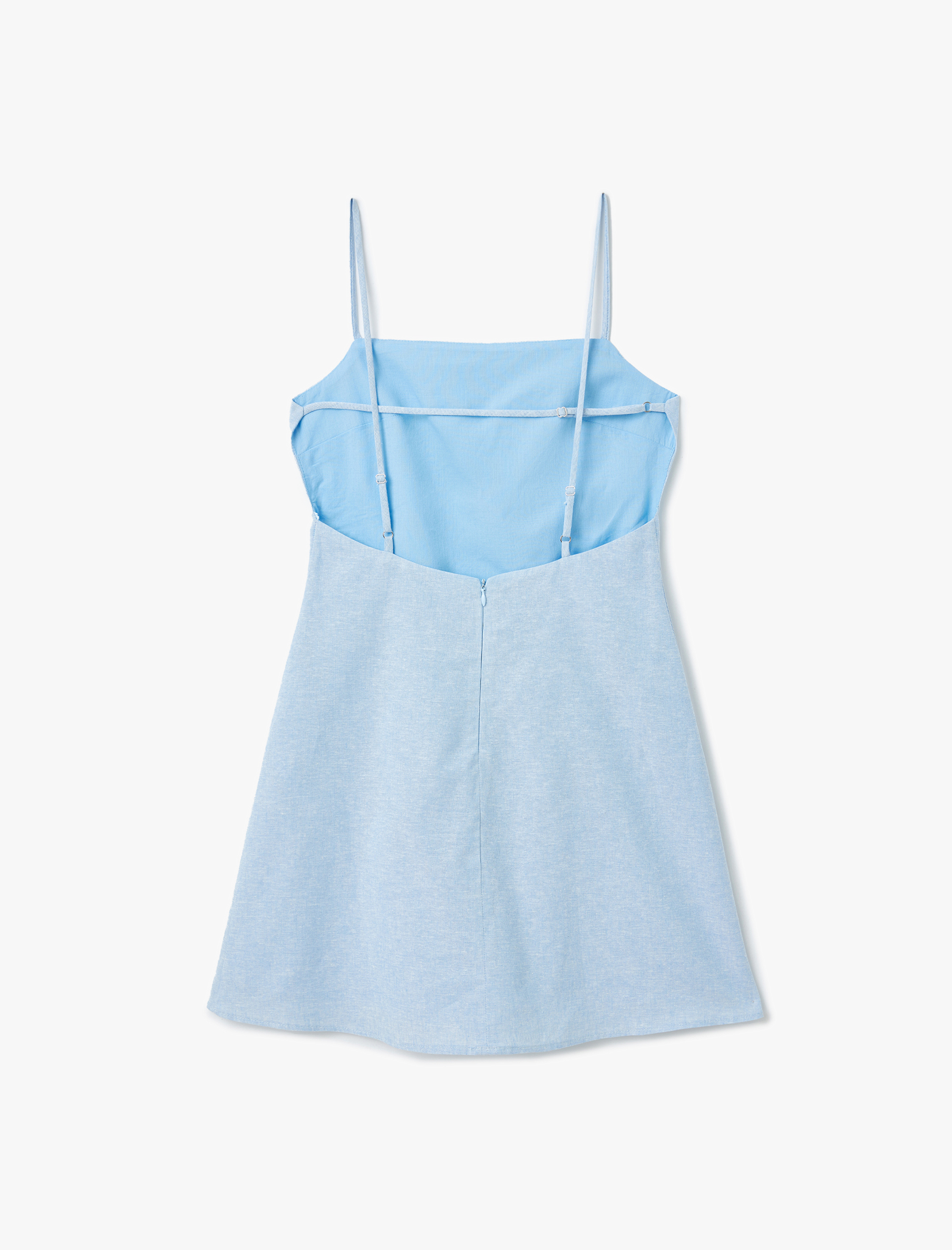 Arkası Dekolteli Keten Karışımlı İnce Askılı Kadın Mini Elbise