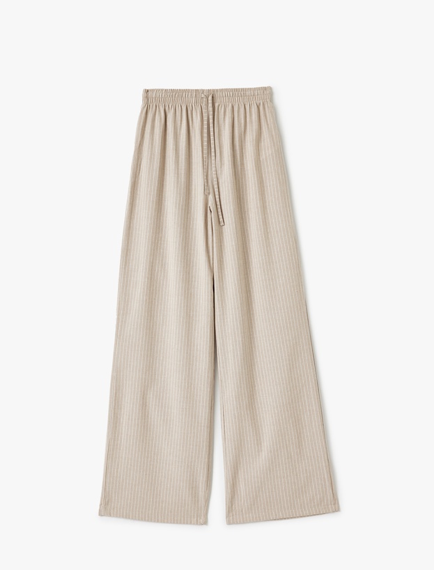 Viskon Karışımlı Beli Bağcıklı Çizgili Bol Paça Pantolon_2