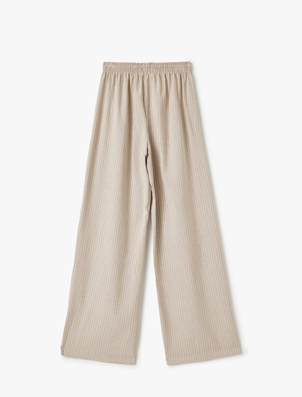 Viskon Karışımlı Beli Bağcıklı Çizgili Bol Paça Pantolon_3