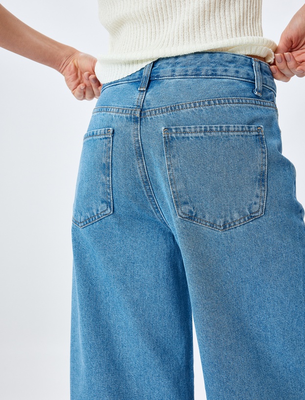 Yüksek Bel Düğmeli Cepli Geniş Paça Denim Pantolon -  Crop Wide Leg Jeans_1