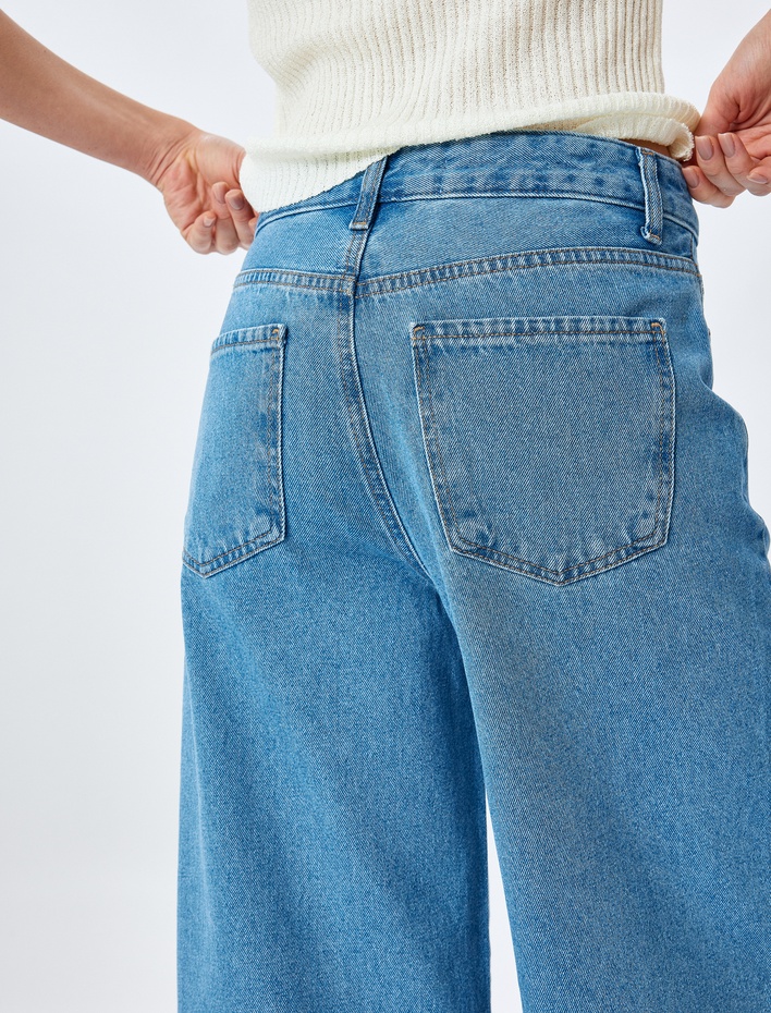  Yüksek Bel Düğmeli Cepli Kısa Geniş Paça Denim Pantolon -  Crop Wide Leg Jeans