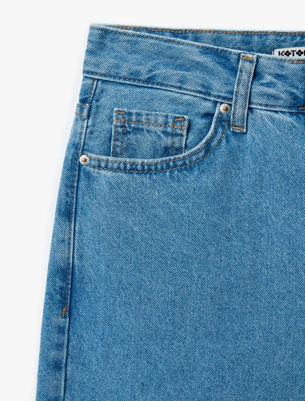 Yüksek Bel Düğmeli Cepli Geniş Paça Denim Pantolon -  Crop Wide Leg Jeans_4