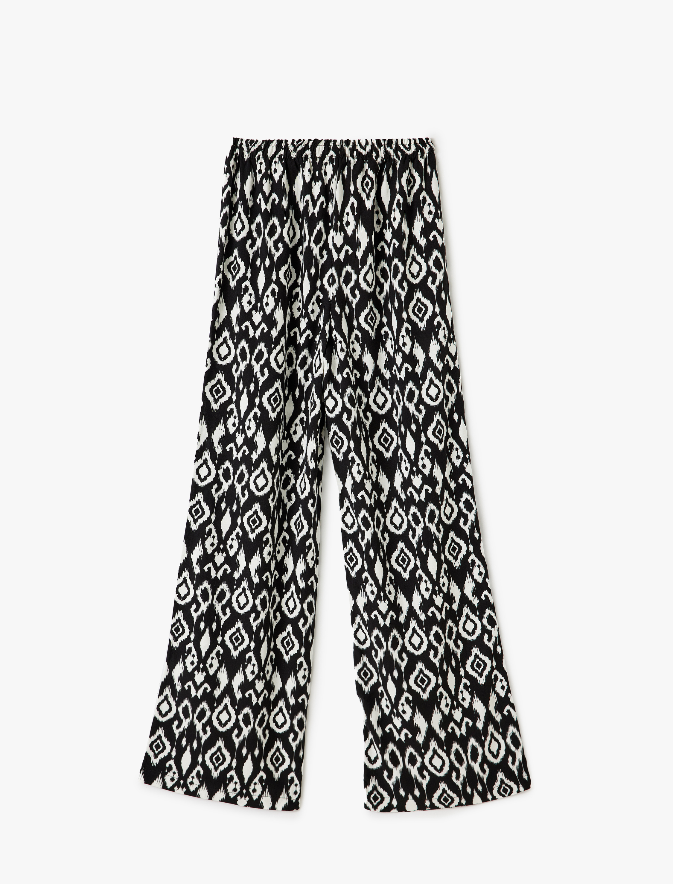   Etnik Desenli Beli Bağcıklı Viskon Geniş Paça Pantolon